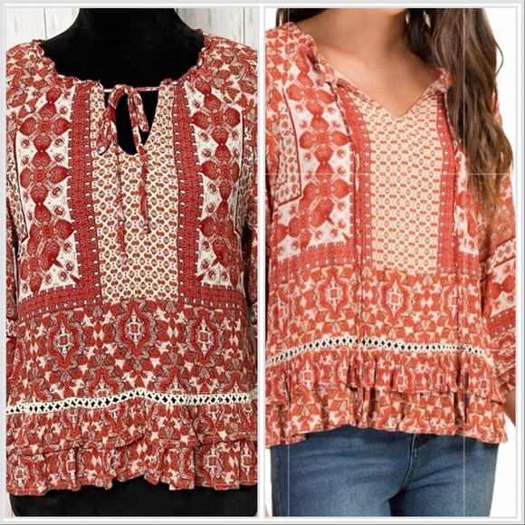 Francesca's Collections Tops - Francesca’s Blue Rain orange rust boho ruffle top size Medium
